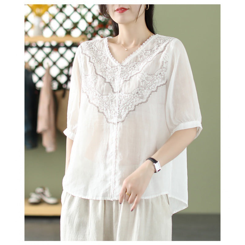 Cottagecore-Inspired Women's V-Neck Lace Embroidered Cotton Linen Half-Sleeve Shirt