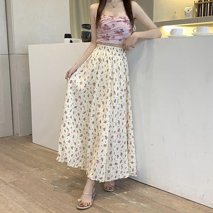 Summer Floral Pleated Maxi Skirt