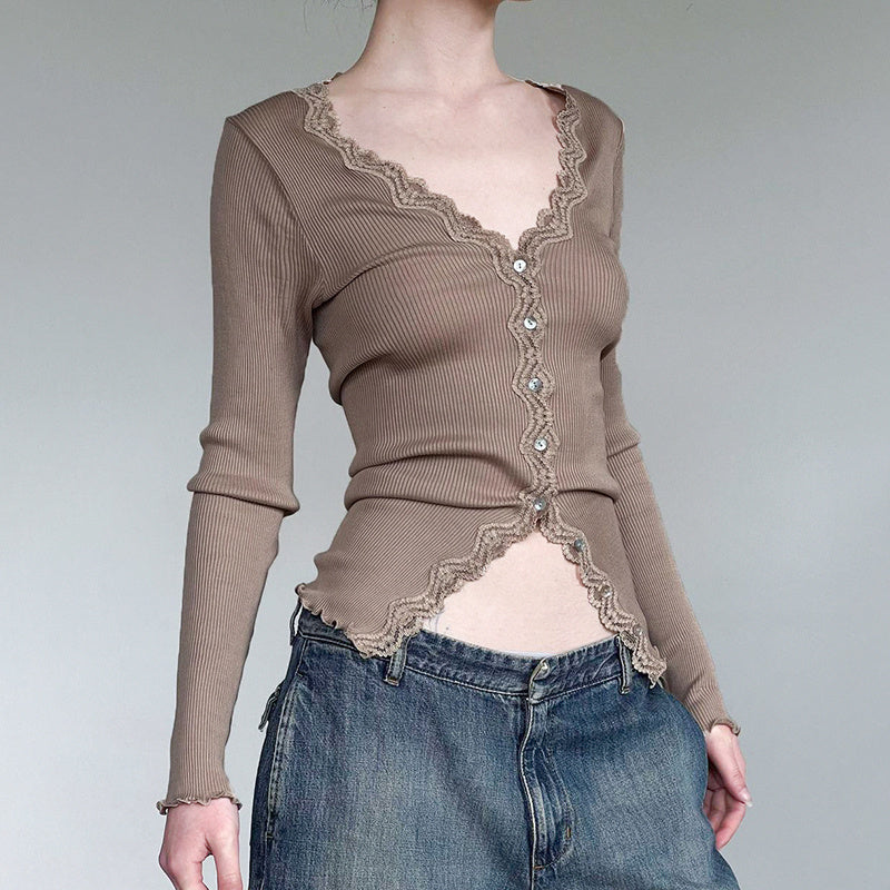 Lace Spliced Ribbed Slim Long Sleeve T-shirt