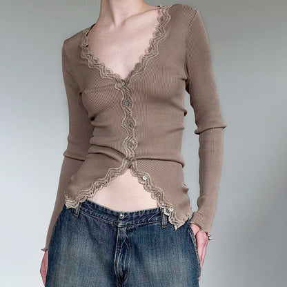 Lace Spliced Ribbed Slim Long Sleeve T-shirt