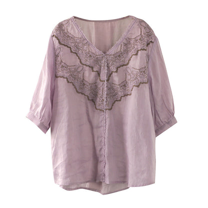 Cottagecore-Inspired Women's V-Neck Lace Embroidered Cotton Linen Half-Sleeve Shirt