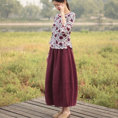 High-Waisted Cotton Linen Retro Skirt in Claret