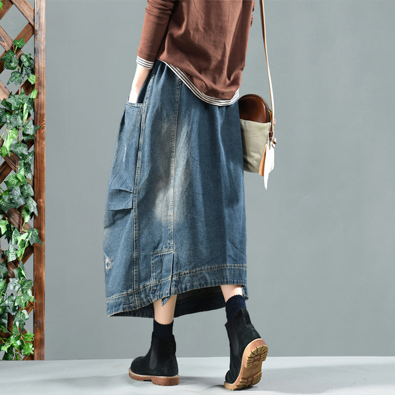 Retro Washed Denim Skirt with Elastic Waist