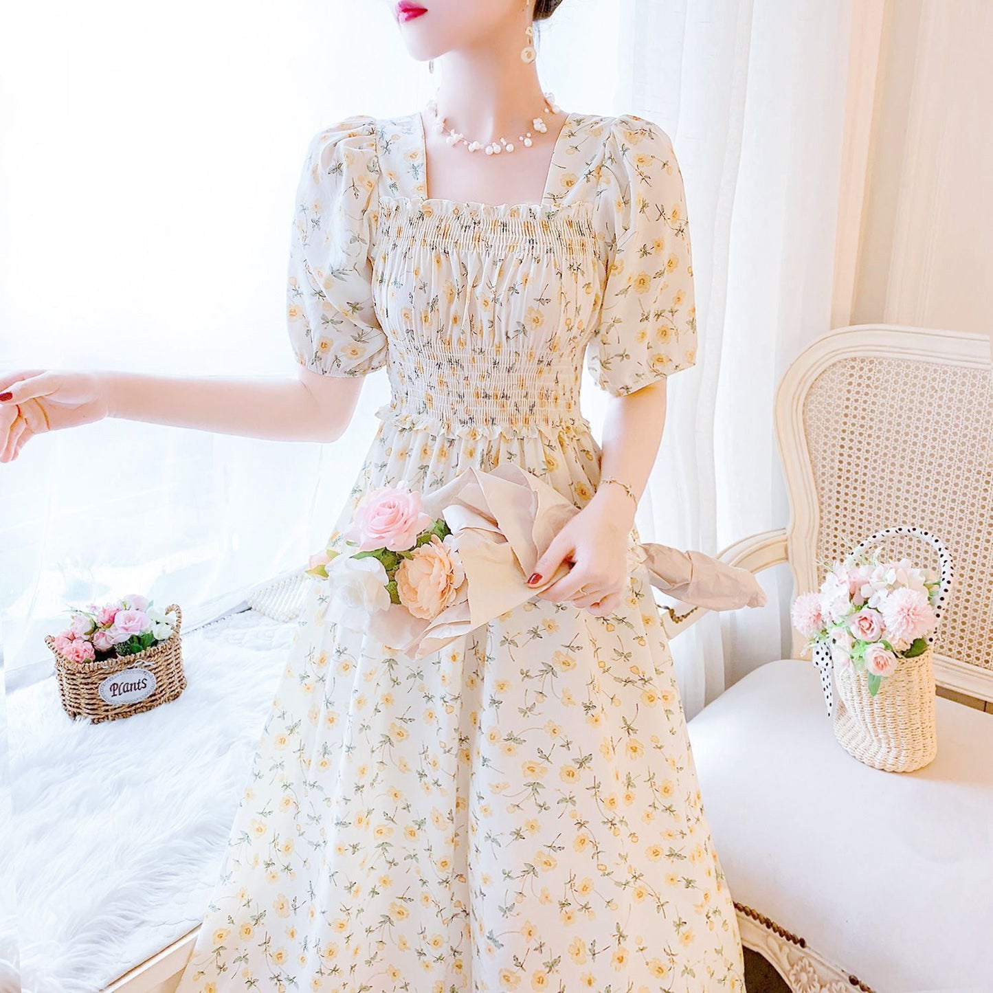 Vintage Floral Chiffon Long Dress