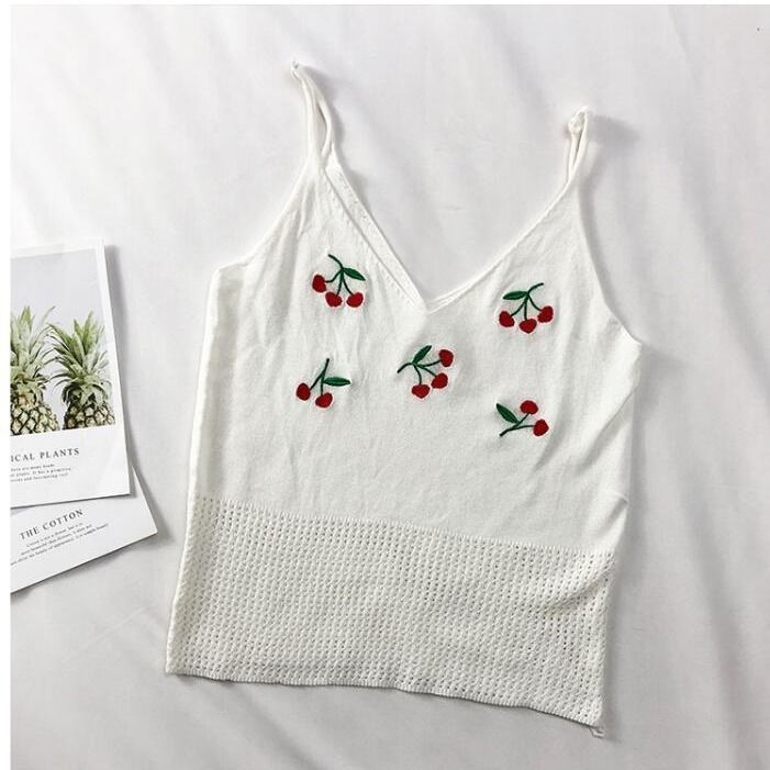 Sweet Cherry Embroidered Knitted Cami – Cute & Soft Sleeveless Top for Women