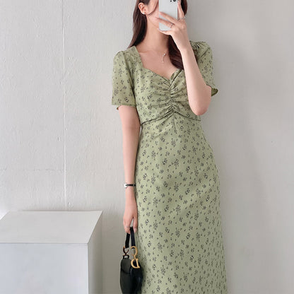 Temperament Square Neck Waist Slim Floral Dress