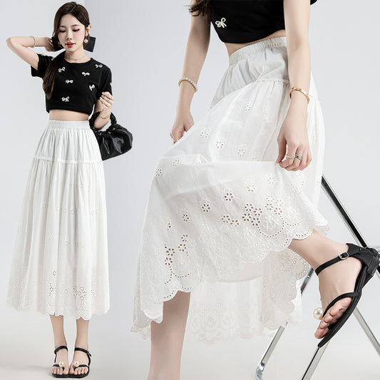 Embroidery Skirt A-Line Mid-length Tiered-ruffle Dress