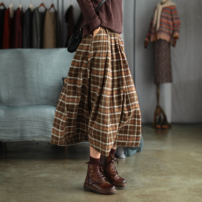 Ancient Coffee Clothing Artistic Brushed Plaid Skirt Retro Loose A- Line