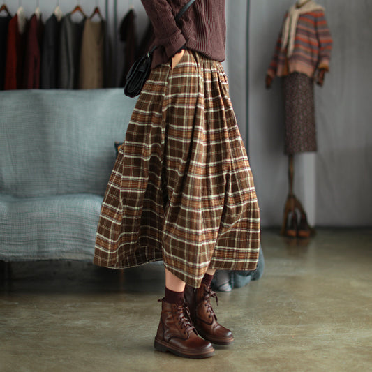 Ancient Coffee Clothing Artistic Brushed Plaid Skirt Retro Loose A- Line