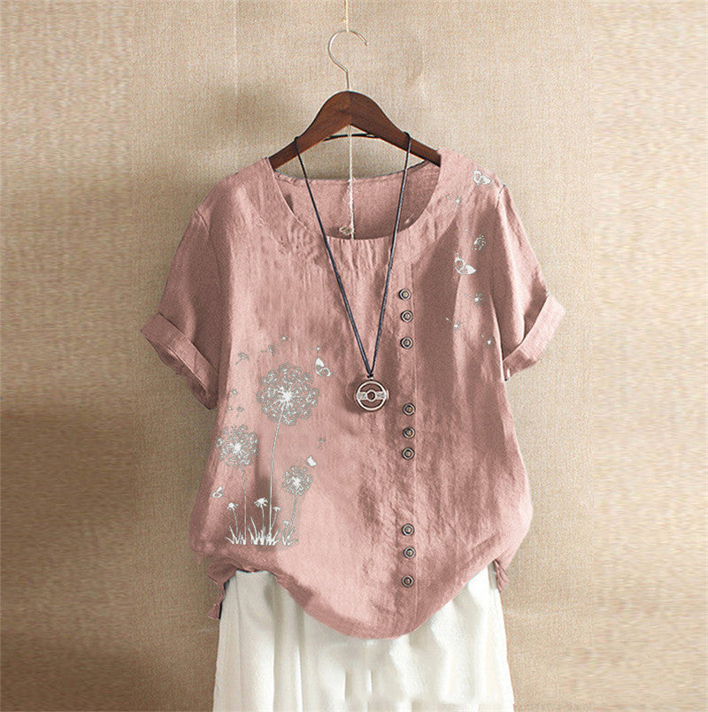 Large Size Casual Loose Cotton And Linen Print Dandelion Short Sleeve Pullover T-shirt