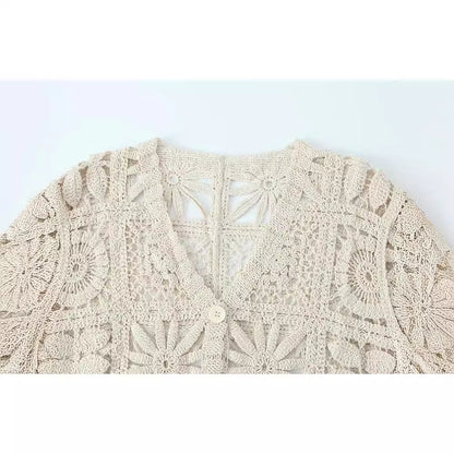 Chic Crochet V-Neck Cardigan & Lace Pants Set