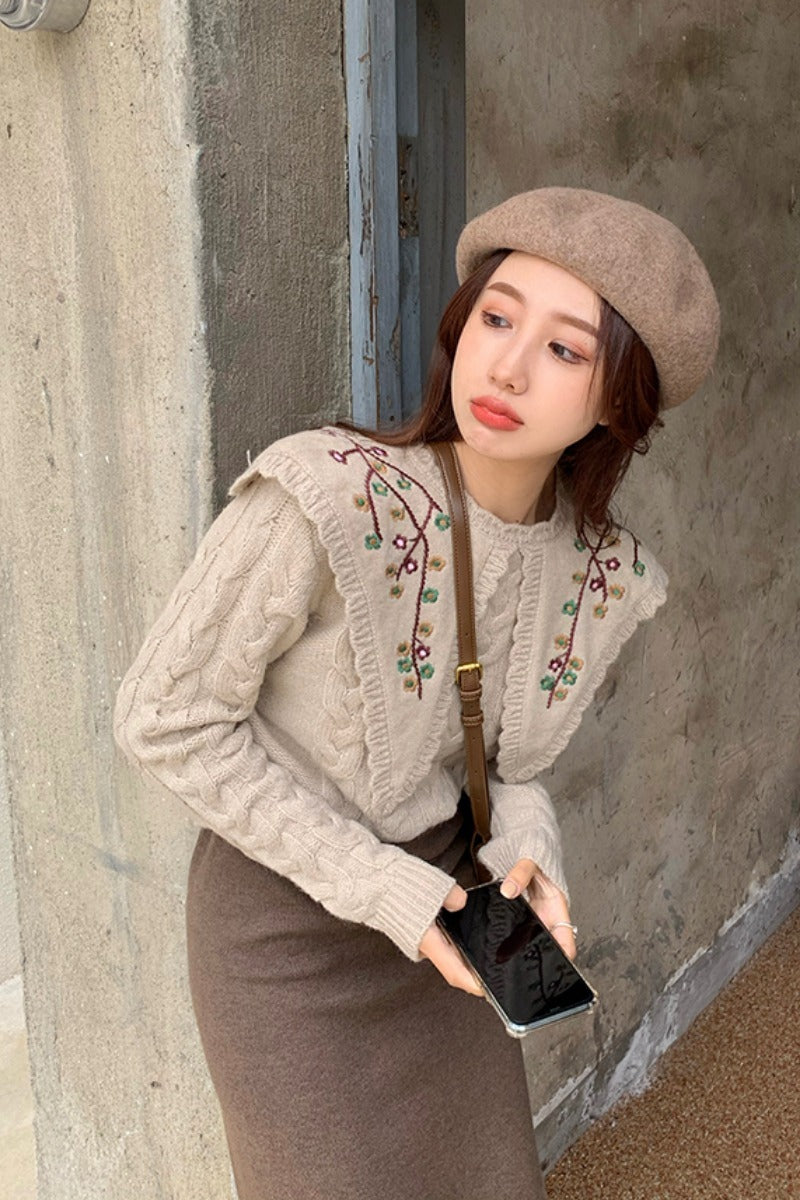 Chic Flower Embroidery Knitted Sweater Set