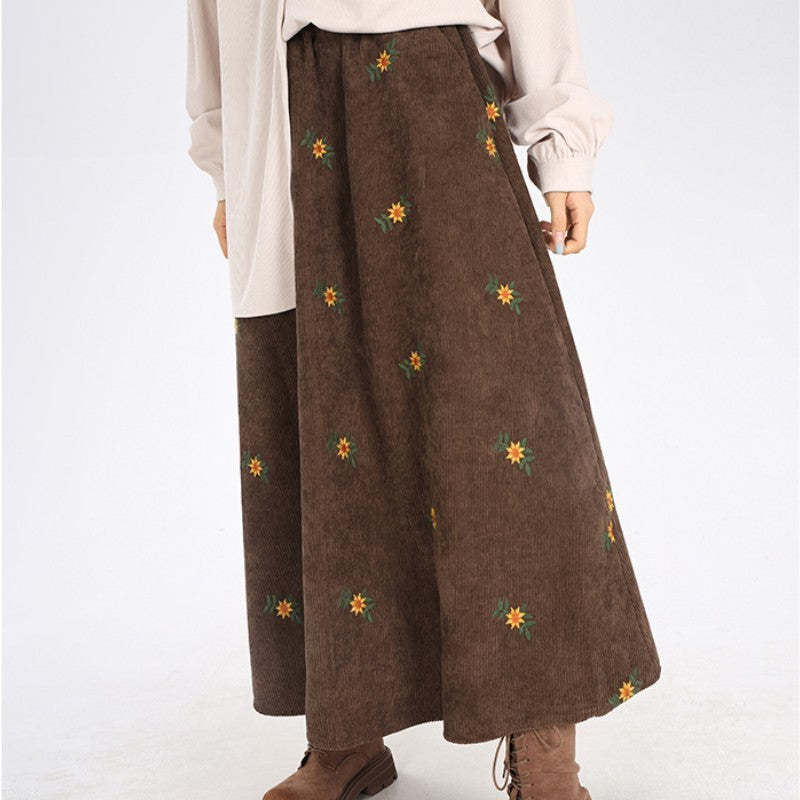 Women's Ancient Corduroy Embroidered Skirt Overknee Dress