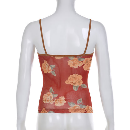 Floral Printed Mesh Small Suspender Bra Vest Top