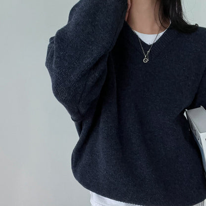 All-matching Solid Color V-neck Pullover Sweater Lazy