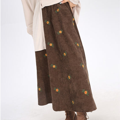 Women's Ancient Corduroy Embroidered Skirt Overknee Dress