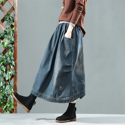 Retro Washed Denim Skirt with Elastic Waist