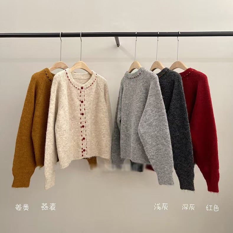 Handmade Stitching Round Neck Sweater Coat for Women