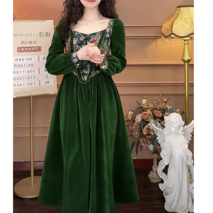 Green Velvet Jacquard Long Sleeve Retro Dress