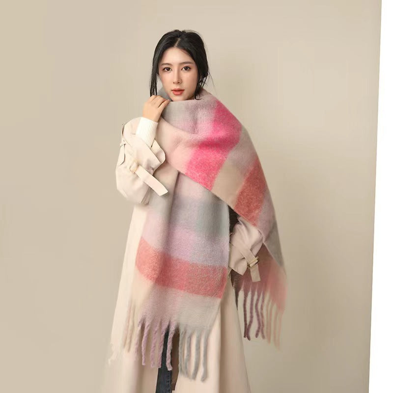 European And American Mohair Plush Warm Leisure Versatile Lattice Scarf