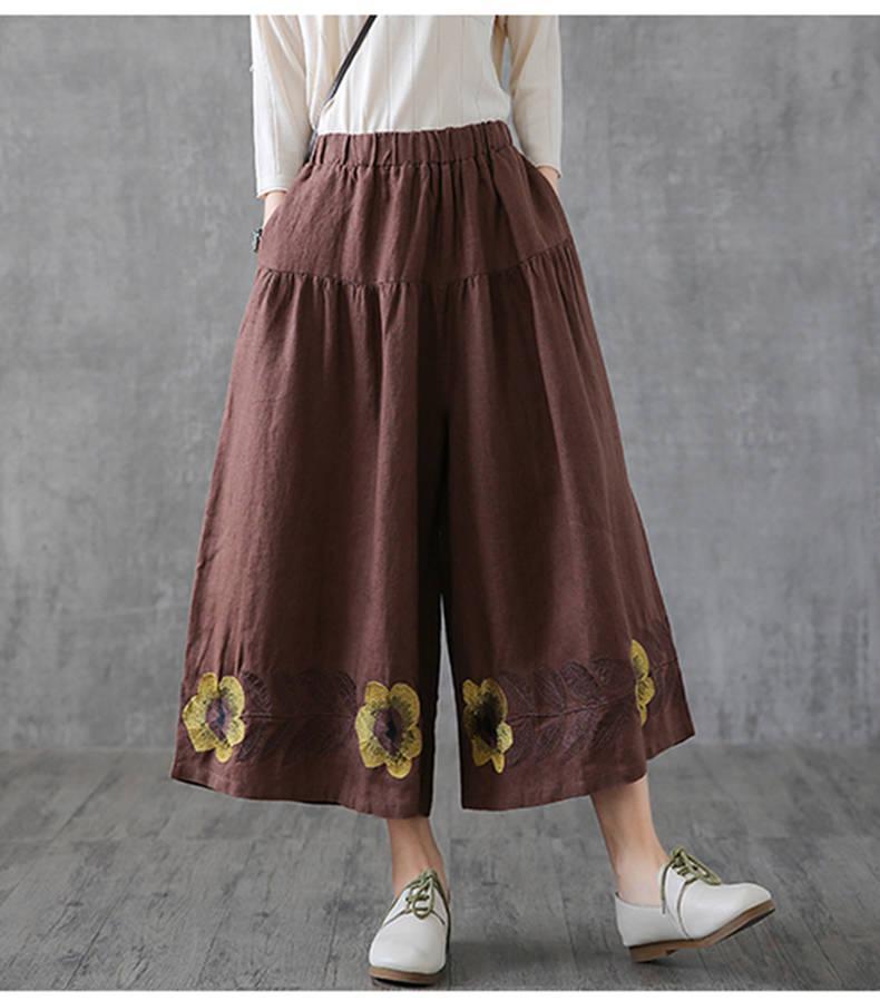 Retro Hemp Embroidered Flower Pants for Summer