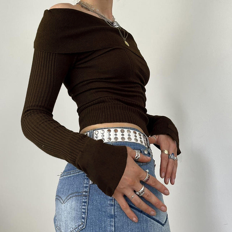 Women's Sweater Brown Cuffed Off-shoulder Metal Buckle Sweater