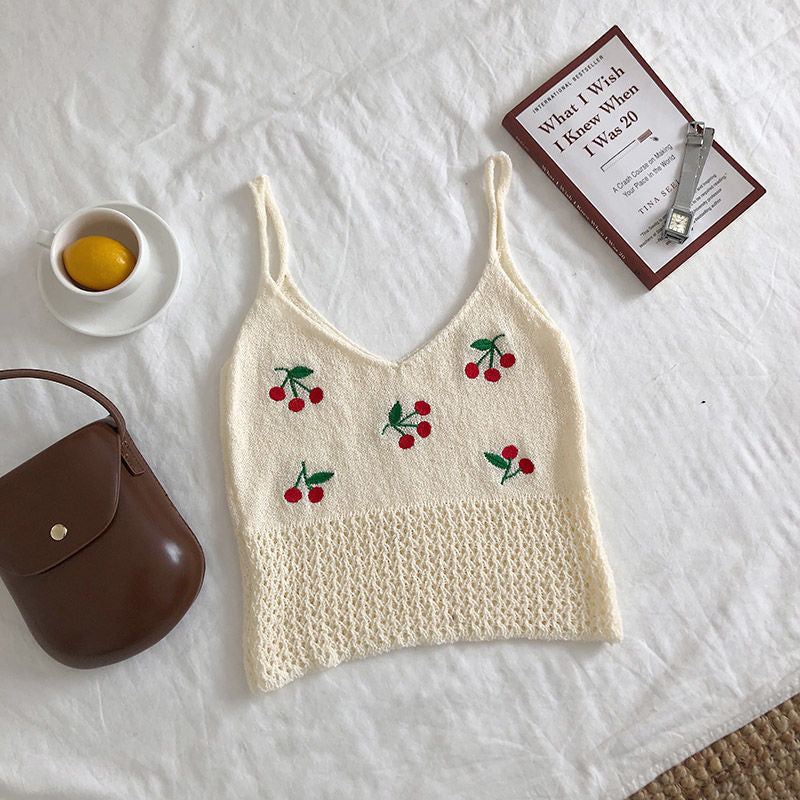 Sweet Cherry Embroidered Knitted Cami – Cute & Soft Sleeveless Top for Women