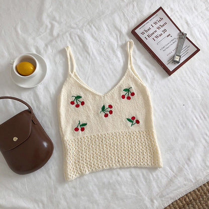 Sweet Cherry Embroidered Knitted Cami – Cute & Soft Sleeveless Top for Women