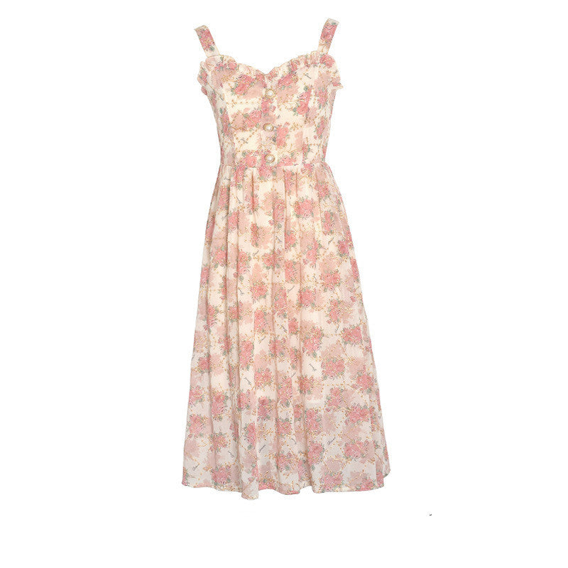 Fungus Edge Chiffon Skirt Suspender Floral Dress