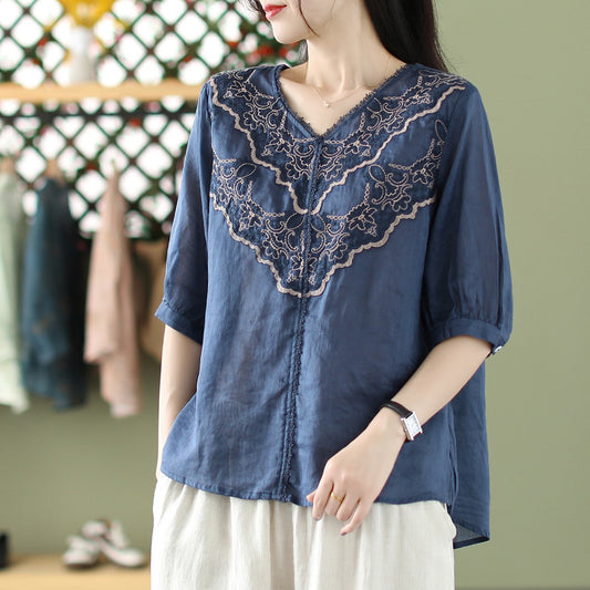 Cottagecore-Inspired Women's V-Neck Lace Embroidered Cotton Linen Half-Sleeve Shirt