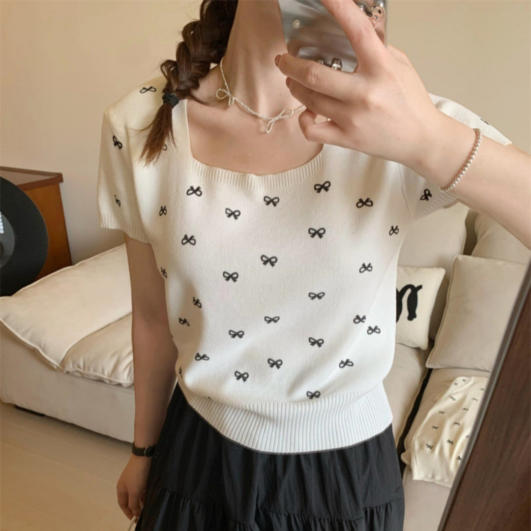 Bow Knitted Short-sleeved Shirt Women