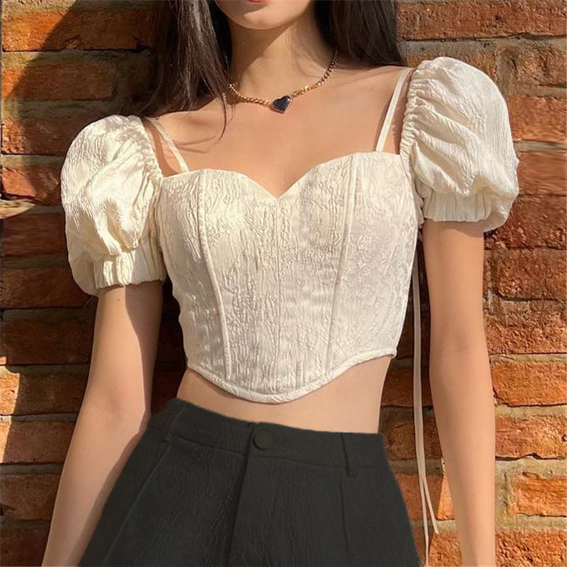 Summer Sexy French Style Square Collar Back Bow Puff Short Sleeve Top