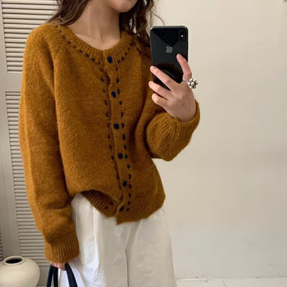 Handmade Stitching Round Neck Sweater Coat for Women