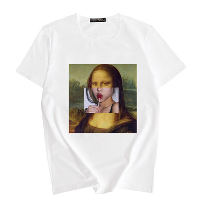 Women's Summer Spoof Oil Painting Print Round Neck T-shirt Top