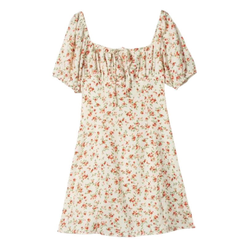 Square Collar A- Line Floral Print Dress