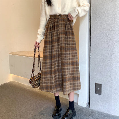 Winter High-grade Coffee Color Plaid Skirt For Women