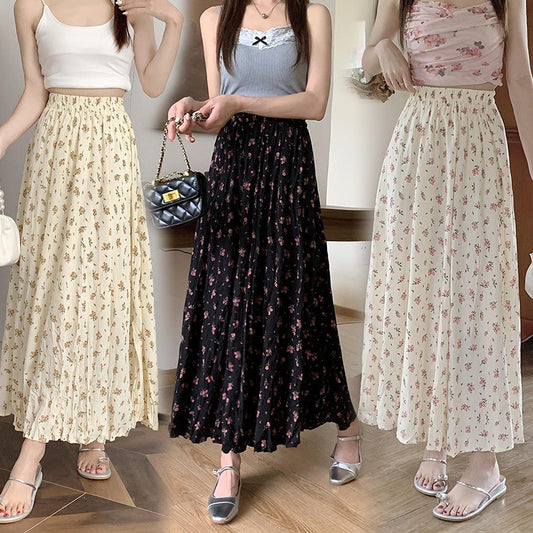 Summer Floral Pleated Maxi Skirt