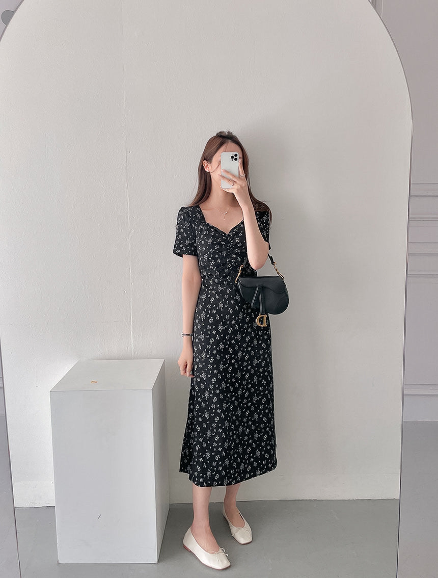 Temperament Square Neck Waist Slim Floral Dress