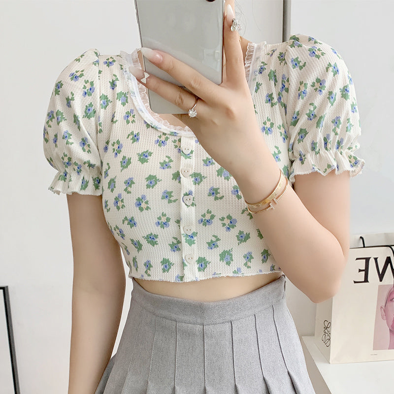 Retro Short Floral Puff Sleeve T-shirt Women