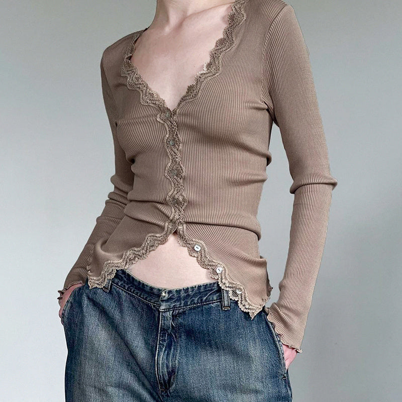 Lace Spliced Ribbed Slim Long Sleeve T-shirt