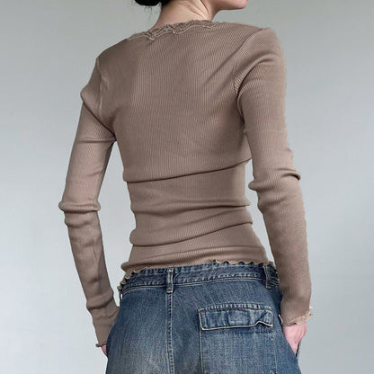 Lace Spliced Ribbed Slim Long Sleeve T-shirt