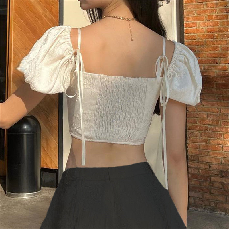 Summer Sexy French Style Square Collar Back Bow Puff Short Sleeve Top