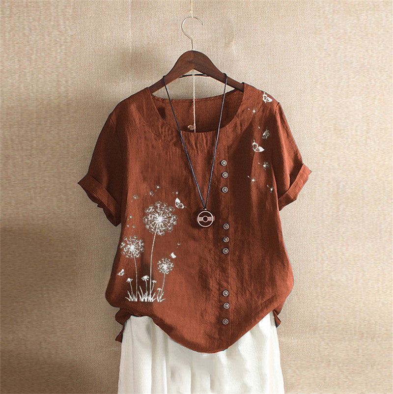 Large Size Casual Loose Cotton And Linen Print Dandelion Short Sleeve Pullover T-shirt